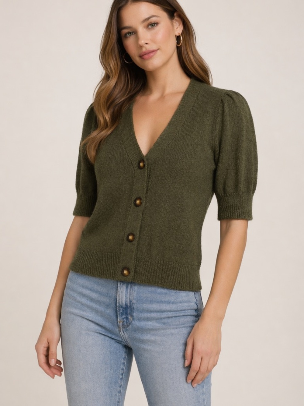 LOFT Olive Green V-Neck Button Short-Sleeve Sweater size XS